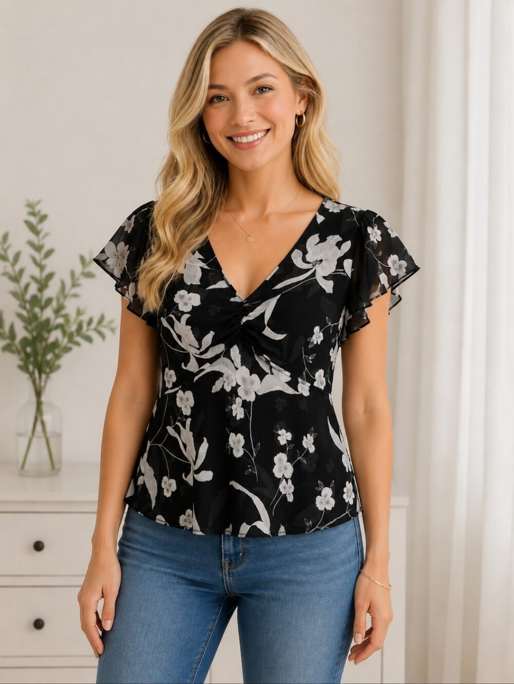 Nine & Company Top V-Neck Flutter Sleeves Ruched Bust Black White Floral Size 4P